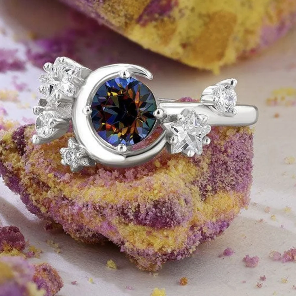 Crystal Vitrail Light Moon And CZ Stars Ring - Picture 1 of 7